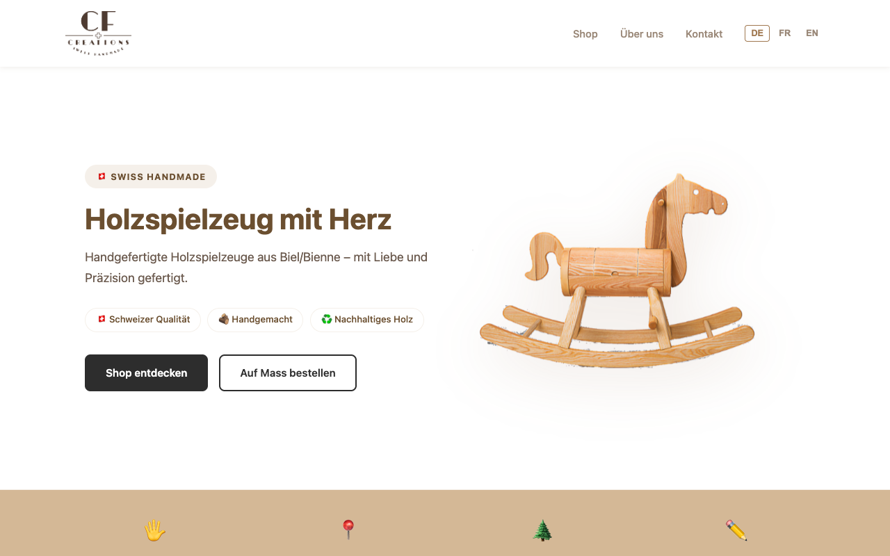 Startseite der CF Créations-Website — handgefertigtes Holzspielzeug aus Biel