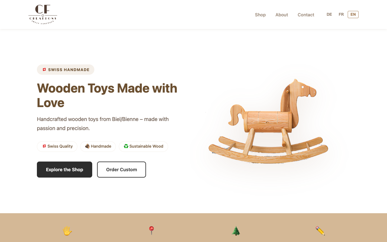 CF Créations website homepage — handcrafted wooden toys from Biel/Bienne