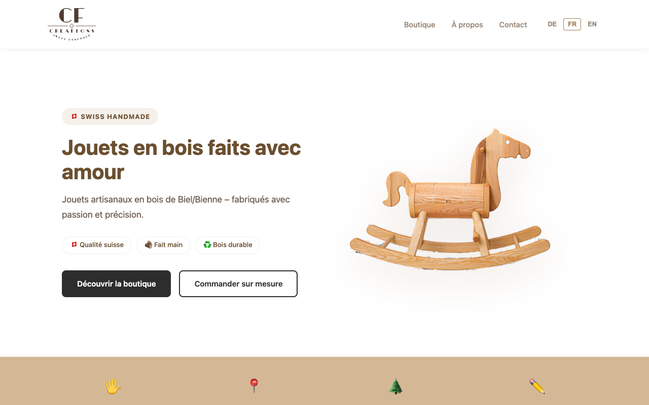 Page d'accueil du site CF Créations — jouets en bois artisanaux à Bienne