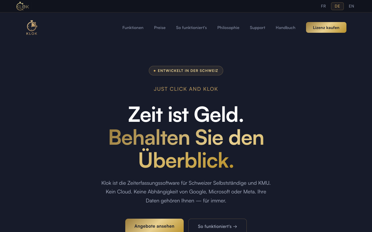 Startseite der Klok-Website — Zeiterfassung für Schweizer KMU