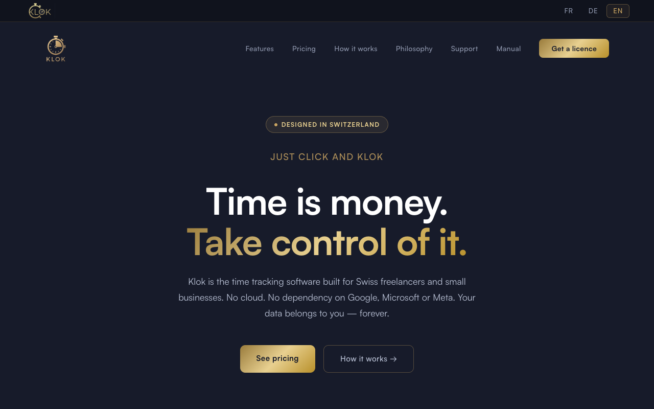 Klok website homepage — time tracking for Swiss SMEs