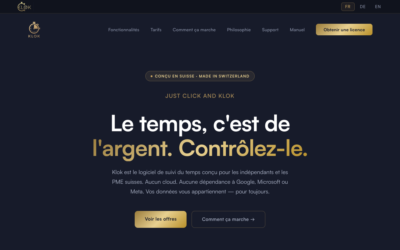 Page d'accueil du site Klok — suivi du temps pour PME suisses