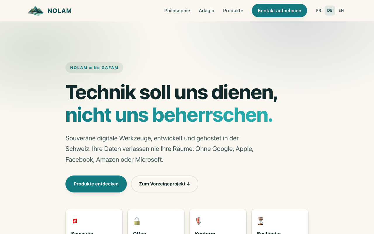 Startseite der NOLAM-Website — souveräne digitale Werkzeuge