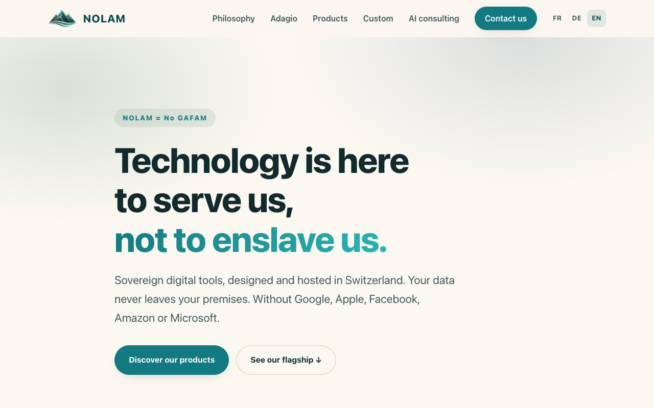 NOLAM website homepage — sovereign digital tools