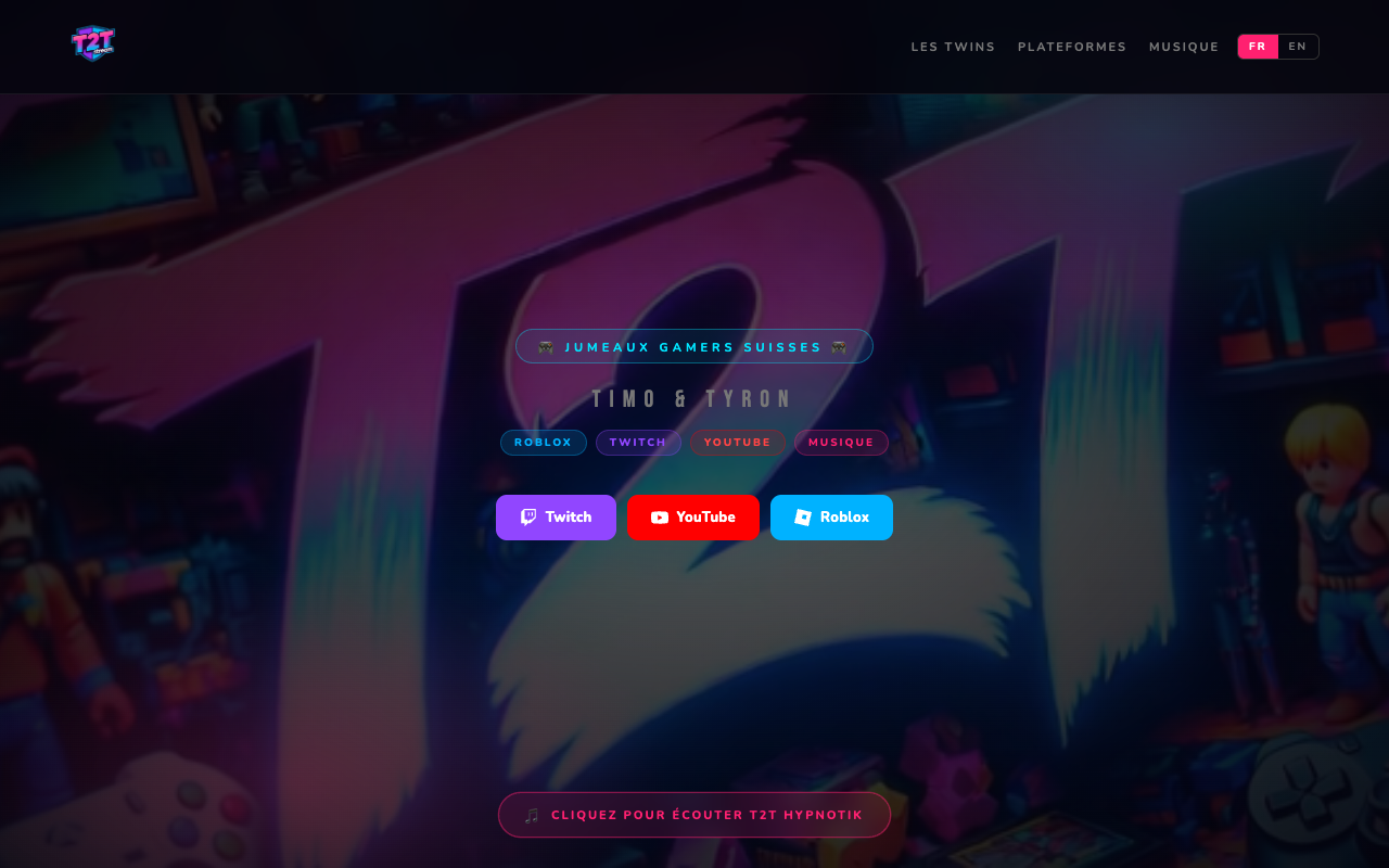 Startseite der T2T Stream-Website — Schweizer Gaming-Streamer-Duo